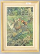 John Falconar Slater : Hens in a field by a five-bar gate, oil on panel, signed, 33 cm x 23 cm,