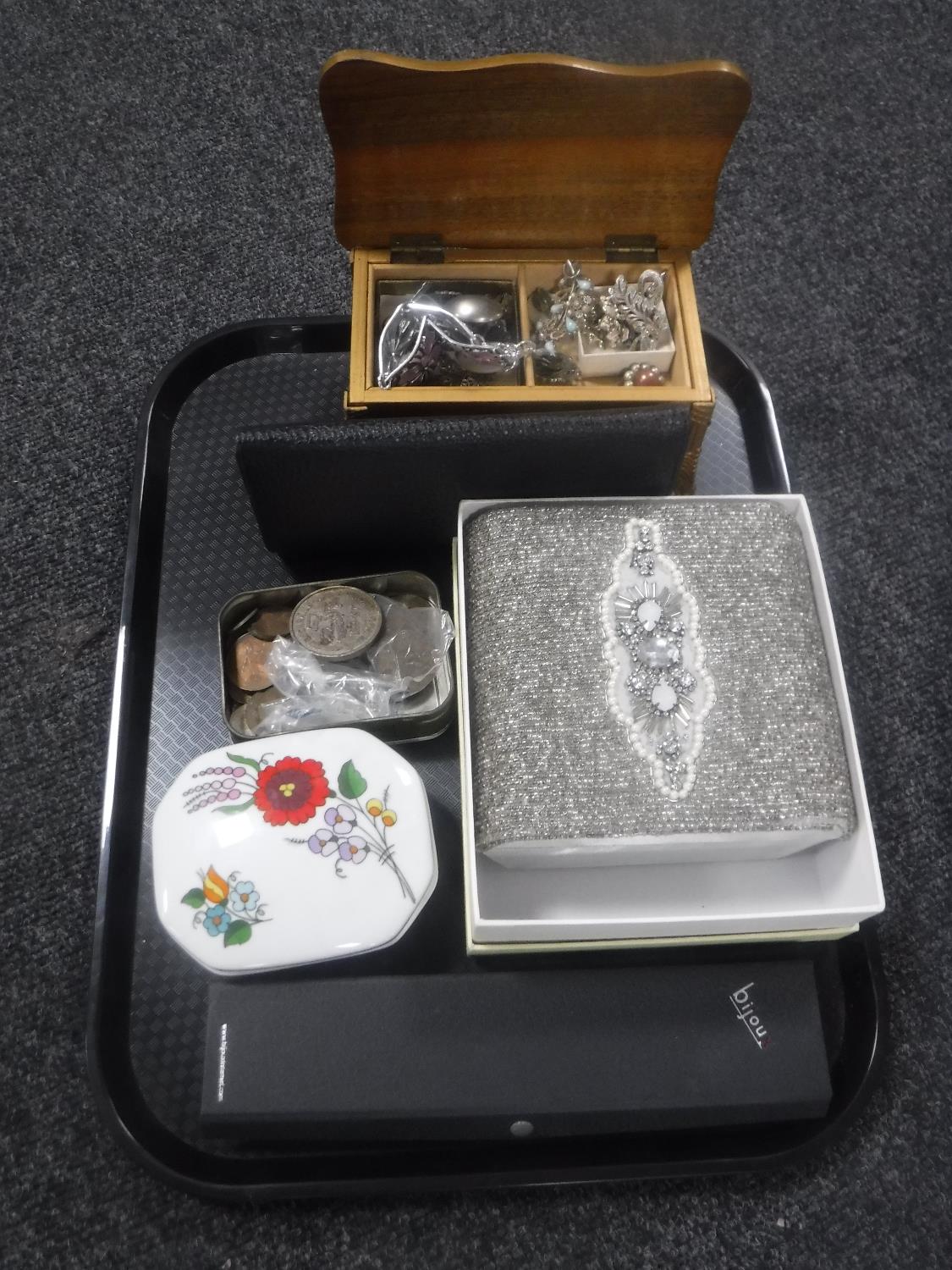 A tray of mid 20th century leather handbag, purses, costume jewellery, tin of pre decimal crowns,