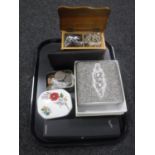 A tray of mid 20th century leather handbag, purses, costume jewellery, tin of pre decimal crowns,