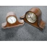 An antique mahogany cased mantel clock and an oak cased mantel clock with silvered dial