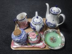 A tray of Maling Peony Rose dish, trinket dish and power bowl, Ringtons tea pot and coffee pot,
