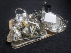 A tray of 20th century plated ware and pair of silver rimmed salts