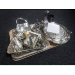 A tray of 20th century plated ware and pair of silver rimmed salts