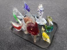 A tray containing seven late 20th century Murano glass bird and fish ornaments