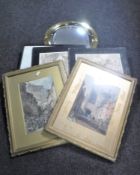 A brass porthole mirror and six antiquarian framed prints and etchings