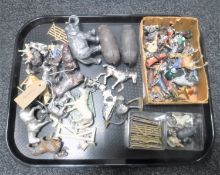 A tray containing a quantity of mid 20th century hand-painted lead figures and farm animals