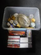 Two boxes of assorted PC games, PS2, Wii, Now compilations, assorted tea china,