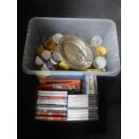 Two boxes of assorted PC games, PS2, Wii, Now compilations, assorted tea china,