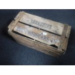 A wooden crate bearing Yorkshire Hen Producers Ltd writing