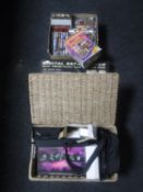 A basket and box of CD's and DVD's, portable DVD player,