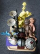 A tray of Atlas bird ornaments, 20th century plastic dolls, metal candlesticks, globe bookends,