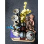 A tray of Atlas bird ornaments, 20th century plastic dolls, metal candlesticks, globe bookends,