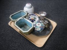 A tray of pair of cloisonne planters, china lidded ginger jar, shaped pewter plate,