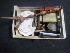 A box of cased drawing instruments, cased cutlery, metal tin in the form of a book,