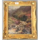 John Falconar Slater : Study of a river valley, oil on panel, signed, 29 cm x 24 cm, framed.