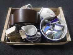 A crate of walnut cased mantel clock, spelter mantel clock, china including milk jug, Maling vase,