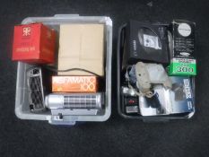 Two boxes of camera equipment, projector,