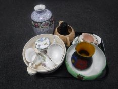 A tray of assorted china - Wedgwood comport, Indian Tree milk jug, china preserve pot,