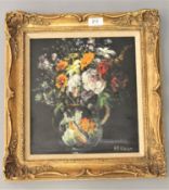 John Falconar Slater : Still life with mixed flowers in a ceramic jug, oil on panel, signed,