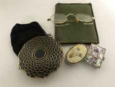 A box of tortoiseshell compact and one other, vintage spectacles, purse,