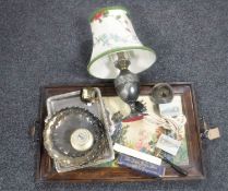 An Edwardian oak hand painted twin-handled serving tray, assorted plated wares, boxed John Bull pen,