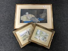 A gilt framed Russell Flint print - nude study and two further gilt framed prints