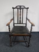 A Victorian oak barley twist armchair