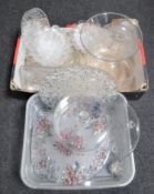 Two boxes of assorted glass vases, bowls,