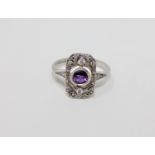 A 9ct gold amethyst and diamond set Art Deco style ring,