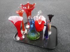 A tray of seven pieces of Murano glass ware to include a basket and six vases