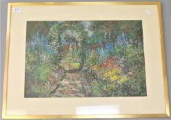 John Falconar Slater : A summer garden, colour chalks, signed, 34 cm x 52 cm, framed.