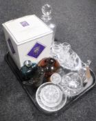 A tray of assorted glass ware and lead crystal including Edinburgh International whisky decanter,