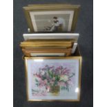 A box of pictures and prints, framed needlework,