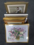 A box of pictures and prints, framed needlework,