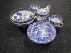 A tray of eight pieces of antique blue and white china - Victorian teapot and stand, two bowls,