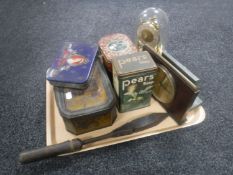 A tray of vintage tins - Bassetts Liquorice and Pears Soap, two miniature flat irons,