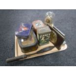 A tray of vintage tins - Bassetts Liquorice and Pears Soap, two miniature flat irons,