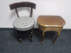 An antique mahogany dressing table chair together with a continental carved bedside table fitted a