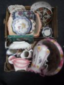 Two boxes of antique and later china - wash jug and basin, dinner plates,