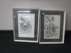 A pair of framed Pam Luke pencil drawings depicting fisherman,