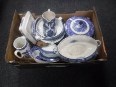 A box of antique blue and white china - tureens, butter dish,