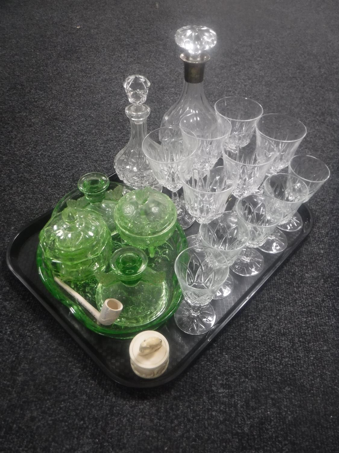 A tray of cut glass decanter with silver collar, decanter, assorted drinking glasses,