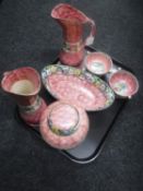 A tray of five pieces of Maling pink lustre ware