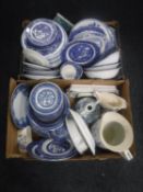 Two boxes of antique and later blue and white china - dinner plates, wall plates,