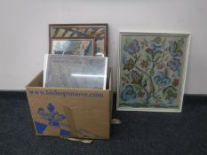 A large oak framed tapestry - rural scene, and a box of assorted tapestries, map of Northumberland,