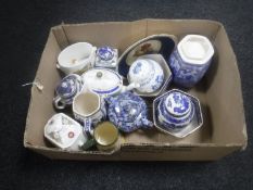 A box of antique copper and brass kettle, Ringtons china including teapots, caddies, jugs,
