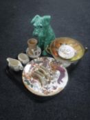 A tray of assorted china - large Sylvac terrier figure, Aynsley finger bowl, trinket dish,