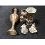 An Eastern brass vase, pair of Leonardo figures,