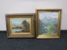 A gilt framed oil on canvas by Borge Ruud - mountain landscape and an antique gilt framed oil by C.