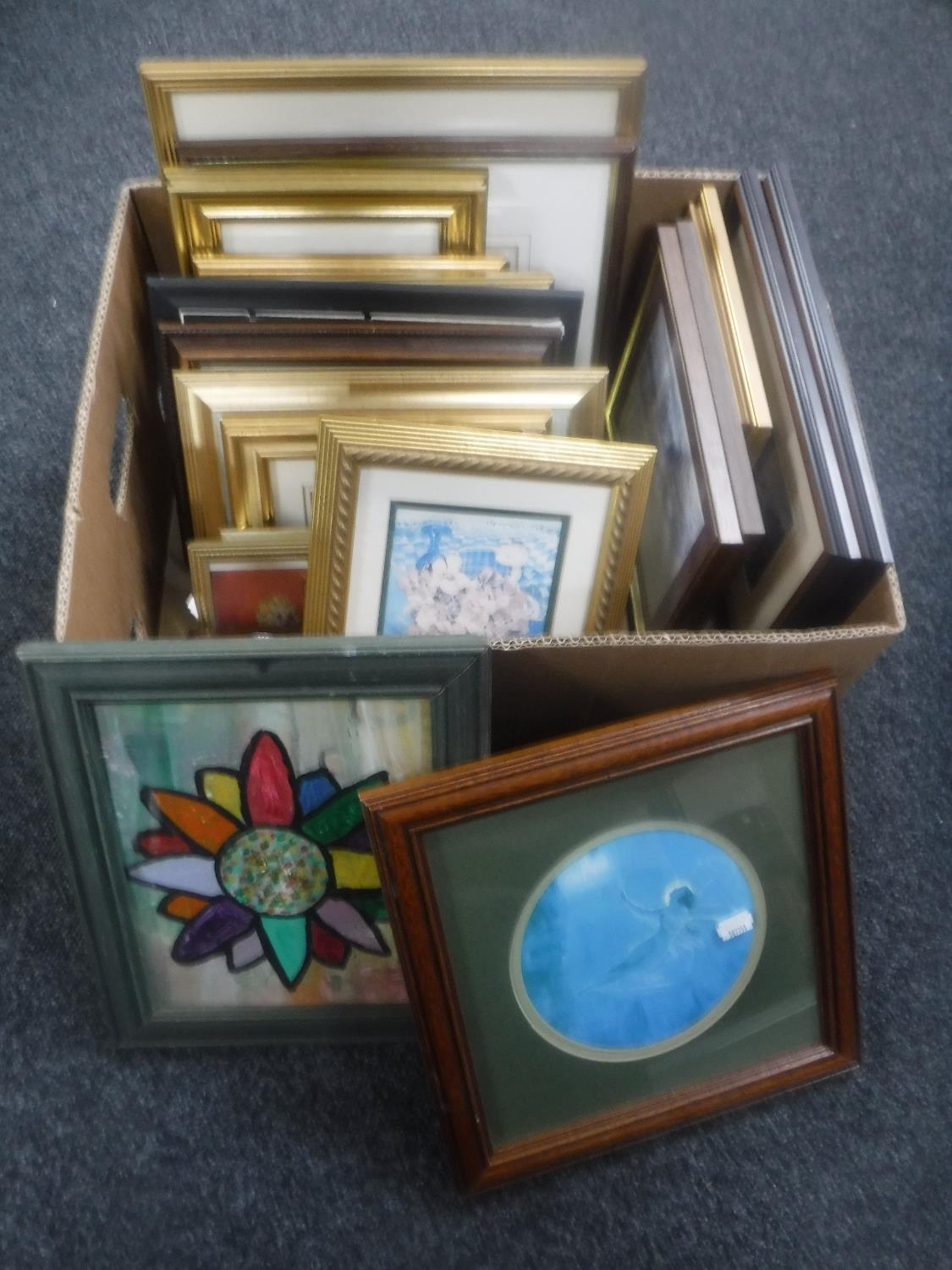 Two boxes of framed pictures and prints